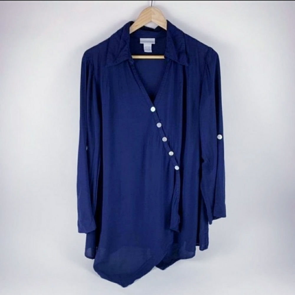 Soft Surroundings Dark Blue Small Button Blouse Roll Tab Sleeve Assymetric EUC